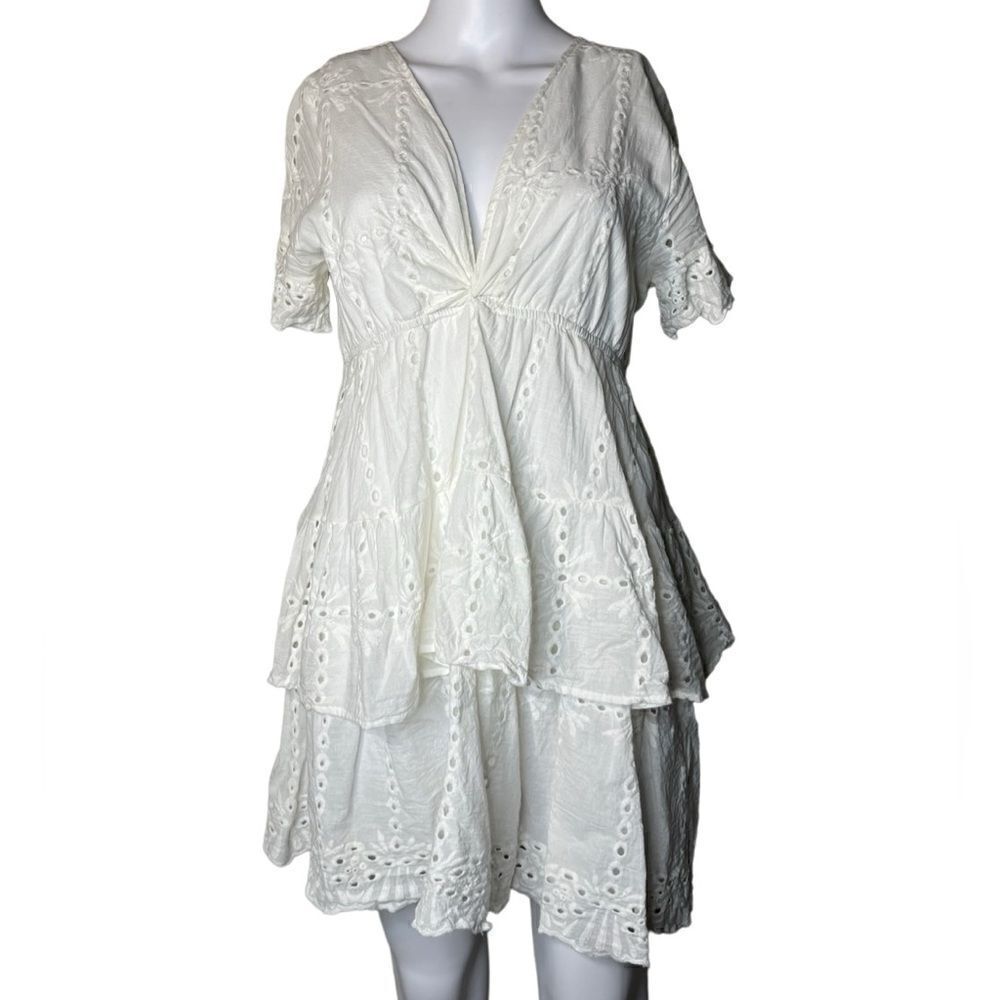 JeyKay Short Sleeve Eyelet Shabby Chic mini Dress White Size XL